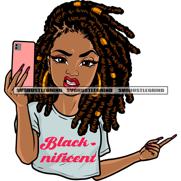 Afro Girl Holding Phone Selfie Pose Color Design Element African Ameri ...