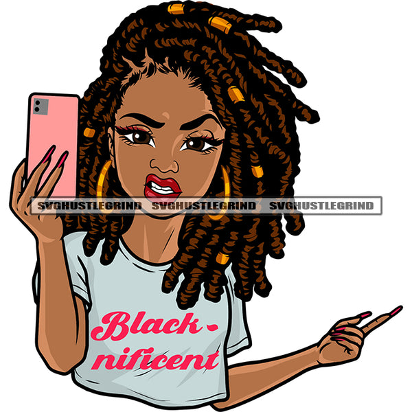 Afro Girl Holding Phone Selfie Pose Color Design Element African American Girl Woman  Angry Face Long Nail Wearing Hoop Earing Locus Hairstyle SVG JPG PNG Vector Clipart Cricut Silhouette Cut Cutting