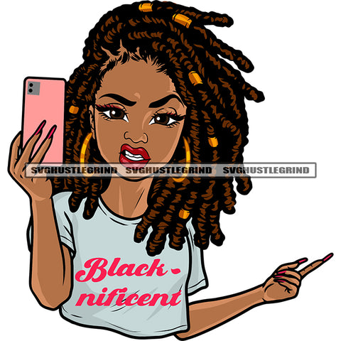 Afro Girl Holding Phone Selfie Pose Color Design Element African American Girl Woman  Angry Face Long Nail Wearing Hoop Earing Locus Hairstyle SVG JPG PNG Vector Clipart Cricut Silhouette Cut Cutting