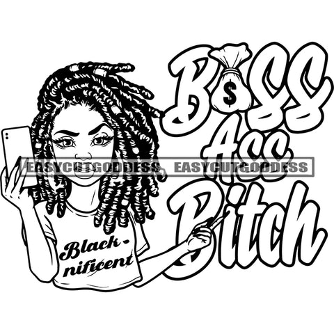 Boss Ass Bitch Quote Afro Girl Holding Phone Selfie Pose African American Girl Woman Black And White Angry Face Long Nail Wearing Hoop Earing Locus Hairstyle BW SVG JPG PNG Vector Clipart Cricut Silhouette Cut Cutting