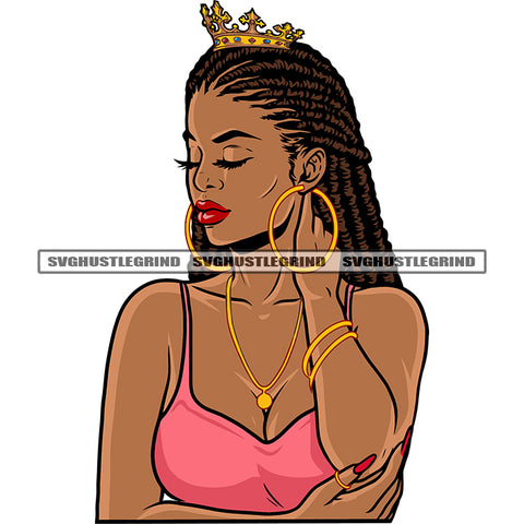 Afro Woman Sexy Pose Crown On Head Locus Hairstyle Hoop Earing Color Design Element Sexy Pose White Background SVG JPG PNG Vector Clipart Cricut Silhouette Cut Cutting