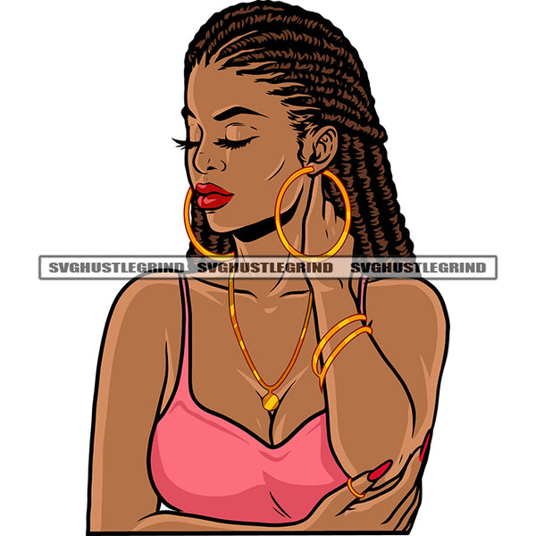 African American Woman Afro Girl Sexy Pose Locus Hairstyle Wearing Hoop Earing Color Design Element Sexy Pose White Background SVG JPG PNG Vector Clipart Cricut Silhouette Cut Cutting