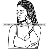 African American Woman Afro Girl Sexy Pose Black And White Locus Hairstyle Wearing Hoop Earing Design Element Sexy Pose BW SVG JPG PNG Vector Clipart Cricut Silhouette Cut Cutting