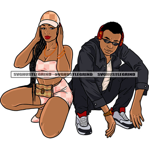 African American Man Woman Sitting Pose Wearing Sunglasses Color Design Element Afro Gangster Couple Locus Hairstyle Vector SVG JPG PNG Vector Clipart Cricut Silhouette Cut Cutting