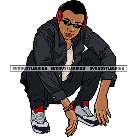 African American Man Sitting Pose Wearing Sunglasses Headphone On Head Color Design Element Afro Gangster Man Locus Hairstyle Vector SVG JPG PNG Vector Clipart Cricut Silhouette Cut Cutting