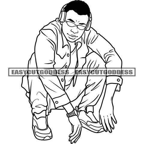 African American Man Sitting Pose Black And White Artwork Wearing Sunglasses Headphone On Head Design Element Afro Gangster Man Locus Hairstyle BW SVG JPG PNG Vector Clipart Cricut Silhouette Cut Cutting