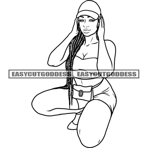 Black And White Afro Sexy Woman Sitting Pose Black And White Artwork Wearing Sunglasses African American Girl Headphone On Head Design Element Afro Gangster Man Locus Hairstyle BW SVG JPG PNG Vector Clipart Cricut Silhouette Cut Cutting