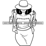 African American Woman Wearing Hoop Earing And Hat Black And White Artwork Curly Hairstyle Smile Face SVG JPG PNG Vector Clipart Cricut Silhouette Cut Cutting