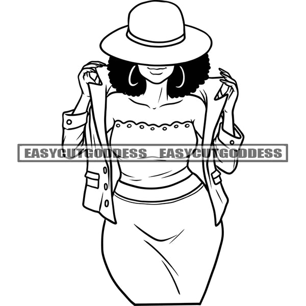 African American Woman Wearing Hoop Earing And Hat Black And White Artwork Curly Hairstyle Smile Face SVG JPG PNG Vector Clipart Cricut Silhouette Cut Cutting