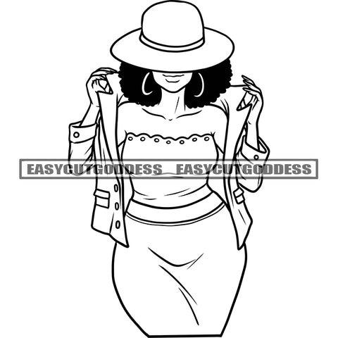 African American Woman Wearing Hoop Earing And Hat Black And White Artwork Curly Hairstyle Smile Face SVG JPG PNG Vector Clipart Cricut Silhouette Cut Cutting