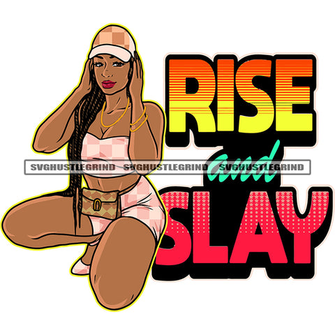 Rise And Slay Quote Afro Sexy Woman Sitting Pose Color Artwork African American Woman Wearing Sunglasses Girls Headphone On Head Design Element Afro Gangster Man Locus Hairstyle SVG JPG PNG Vector Clipart Cricut Silhouette Cut Cutting