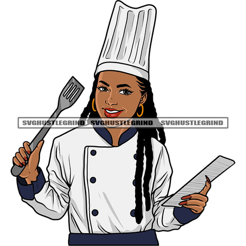 Afro Woman Chef Culinary Occupation Job Business Kitchen Holding Paper Spoon African Woman Smile Face Locus Hairstyle SVG JPG PNG Vector Clipart Cricut Silhouette Cut Cutting