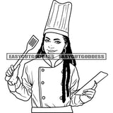 Black And White Afro Woman Chef Culinary Occupation Job Business Kitchen Holding Paper Spoon African Woman Smile Face Locus Hairstyle SVG JPG PNG Vector Clipart Cricut Silhouette Cut Cutting