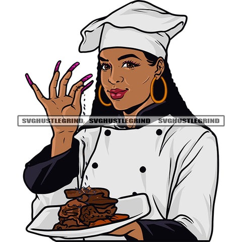 Afro Woman Chef Ok Hand Sign Culinary Occupation Job Business Kitchen Long Nail African Woman Smile Face Locus Hairstyle SVG JPG PNG Vector Clipart Cricut Silhouette Cut Cutting