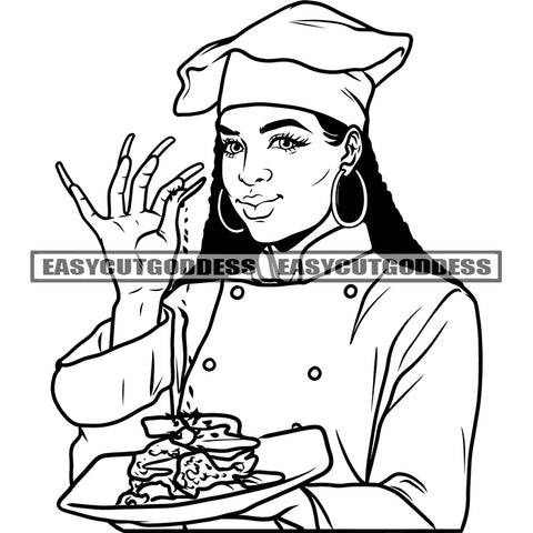 Black And White Artwork Afro Woman Chef Ok Hand Sign Culinary Occupation Job Business Kitchen Long Nail African Woman Smile Face Locus Hairstyle SVG JPG PNG Vector Clipart Cricut Silhouette Cut Cutting