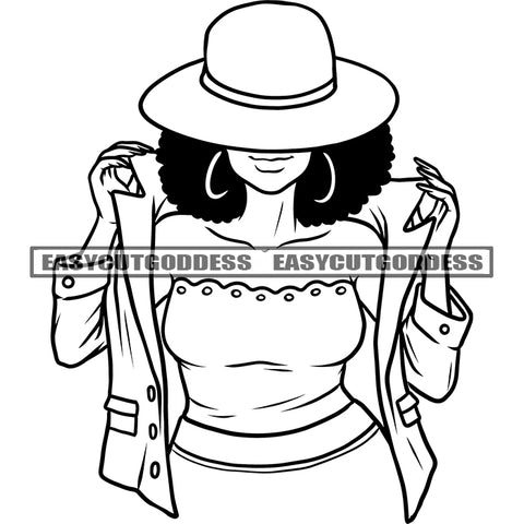 African American Woman Silhouette Line Wearing Hoop Earing And Hat BW Artwork Curly Hairstyle Smile Face SVG JPG PNG Vector Clipart Cricut Silhouette Cut Cutting