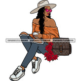 African American Woman Sitting Pose Wearing Sunglasses And Hat Curly Hairstyle Red Rose Hand Bag On Side Afro Model Girl Design Element SVG JPG PNG Vector Clipart Cricut Silhouette Cut Cutting