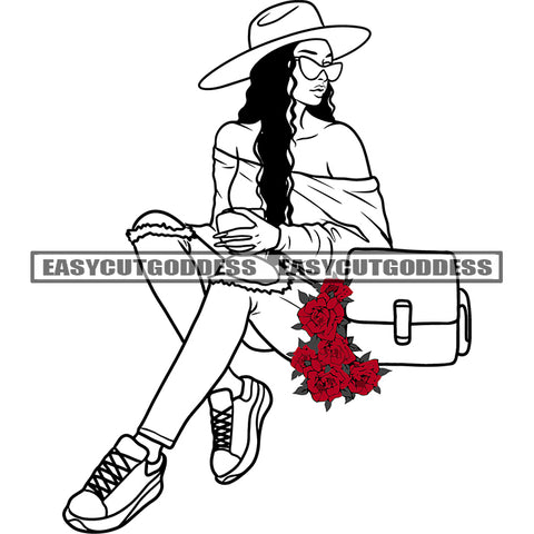 Black And White African American Woman Sitting Pose Wearing Sunglasses And Hat Curly Hairstyle Red Rose Hand Bag On Side Afro Model Girl BW Design Element SVG JPG PNG Vector Clipart Cricut Silhouette Cut Cutting