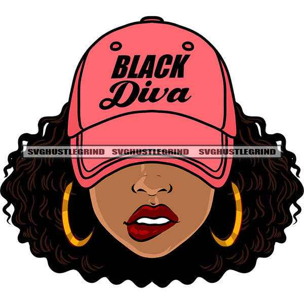 African American Woman Head Design Element Gils Bite On Lips Wearing Hoop Earing And Cap Curly Hairstyle Vector Design Element SVG JPG PNG Vector Clipart Cricut Silhouette Cut Cutting