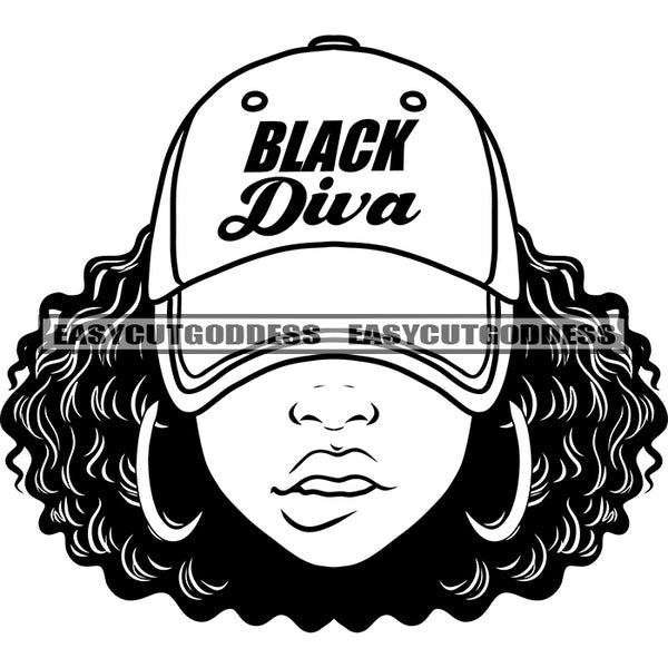 Afro Girl Face Black And White African American Woman Head Design Element Gils Bite On Lips Wearing Hoop Earing And Cap Curly Hairstyle Vector BW Design Element SVG JPG PNG Vector Clipart Cricut Silhouette Cut Cutting