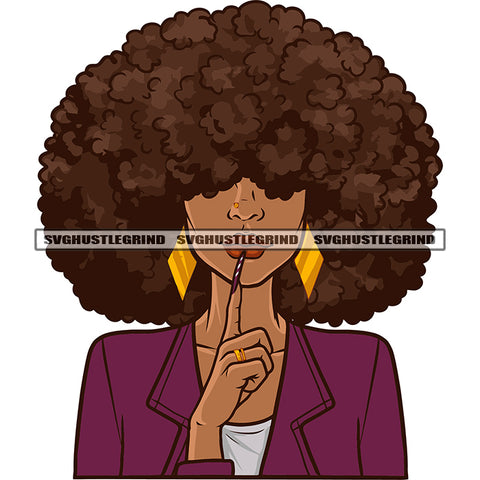 Afro Woman Shut Up Hand Sign African American Woman Curly Hairstyle Design Element Long Nail Vector White Background SVG JPG PNG Vector Clipart Cricut Silhouette Cut Cutting