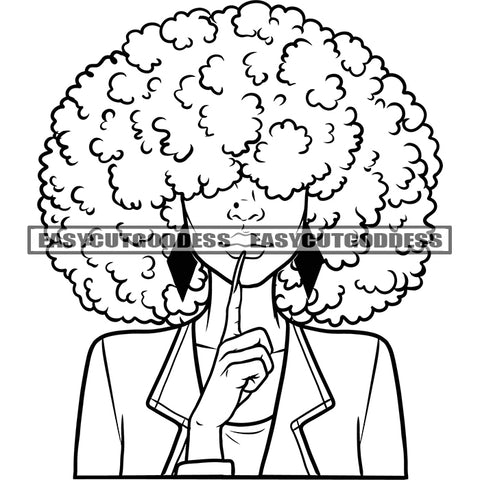 African American Afro Woman Face Shut Up Hand Sign Woman Curly Hairstyle BW Design Element Long Nail Vector White Background SVG JPG PNG Vector Clipart Cricut Silhouette Cut Cutting