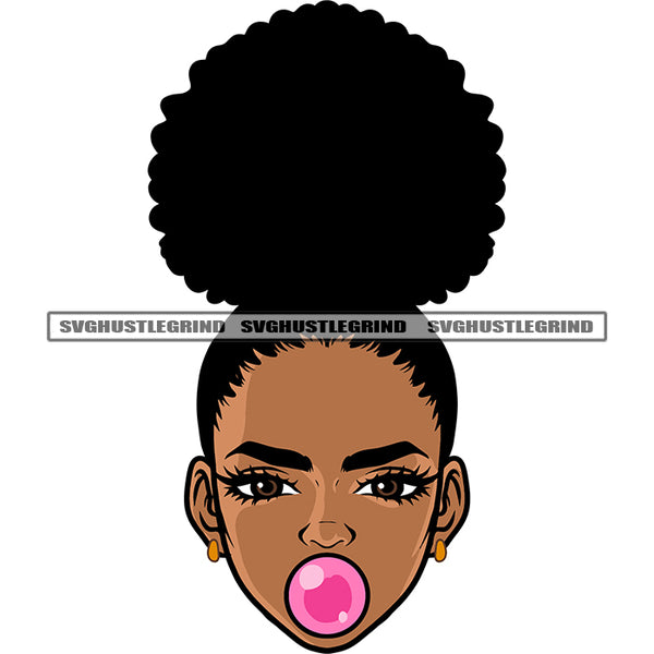 Afro Baby Girls Face Design Element Bubble Gum On Mouth Curly Hairstyle Cute Face African American Girls SVG JPG PNG Vector Clipart Cricut Silhouette Cut Cutting