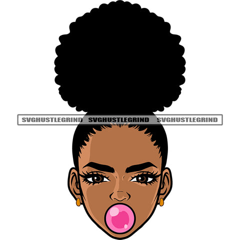 Afro Baby Girls Face Design Element Bubble Gum On Mouth Curly Hairstyle Cute Face African American Girls SVG JPG PNG Vector Clipart Cricut Silhouette Cut Cutting