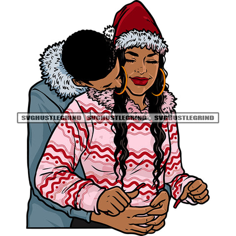 African American Couple Standing Romantic Pose Short And Long Hair Style Hug Color Design Element White Background Wearing Winter Dress SVG JPG PNG Vector Clipart Cricut Silhouette Cut Cutting