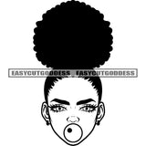 Black And White Afro Baby Girls Face Design Element Bubble Gum On Mouth Curly Hairstyle Cute Face African American Girls BW SVG JPG PNG Vector Clipart Cricut Silhouette Cut Cutting