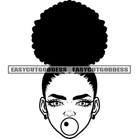 Black And White Afro Baby Girls Face Design Element Bubble Gum On Mouth Curly Hairstyle Cute Face African American Girls BW SVG JPG PNG Vector Clipart Cricut Silhouette Cut Cutting