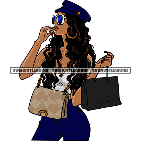 African American Model Woman Holding Handbag Wearing Sunglasses And Cap Vector Curly Hairstyle Afro Sexy Woman SVG JPG PNG Vector Clipart Cricut Silhouette Cut Cutting