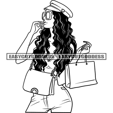 Black And White African American Model Woman Holding Handbag Wearing Sunglasses And Cap Vector Curly Hairstyle Afro Sexy Woman BW SVG JPG PNG Vector Clipart Cricut Silhouette Cut Cutting