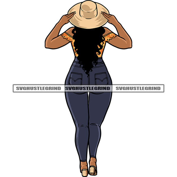 Afro Woman Standing Holding Hat Curly Hairstyle African American Sexy Woman White Background SVG JPG PNG Vector Clipart Cricut Silhouette Cut Cutting