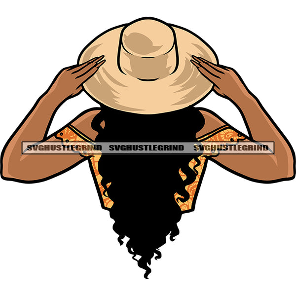 African American Woman Wearing Hat Curly Hairstyle Afro Girls Long Nail Vector Holding Cap Color Design SVG JPG PNG Vector Clipart Cricut Silhouette Cut Cutting