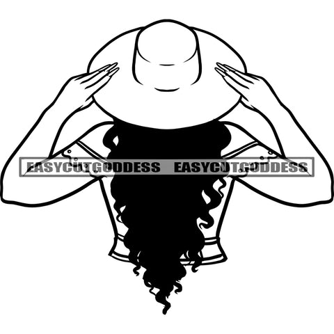 Black And White Artwork African American Woman Wearing Hat Curly Hairstyle Afro Girls Long Nail Vector Holding Cap BW SVG JPG PNG Vector Clipart Cricut Silhouette Cut Cutting