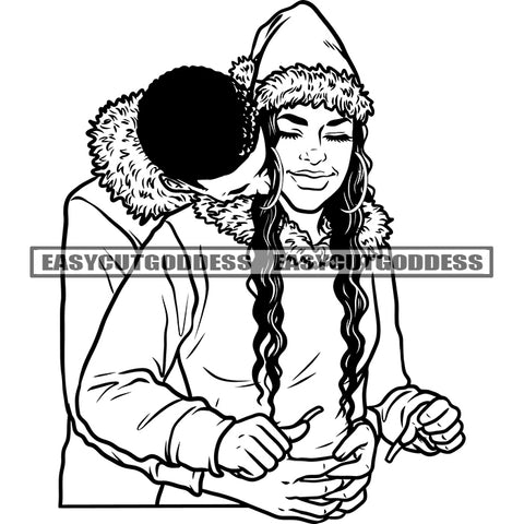 African American Couple Standing Romantic Kiss Pose Short And Long Hair Style Hug BW Artwork Wearing Winter Dress SVG JPG PNG Vector Clipart Cricut Silhouette Cut Cutting