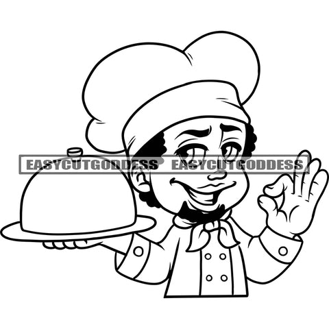 Black And White Chef Smile Face Ok Hand Sign Design Element Cooking Kitchen Restaurant Master Chef Happy Face BW SVG JPG PNG Vector Clipart Cricut Silhouette Cut Cutting