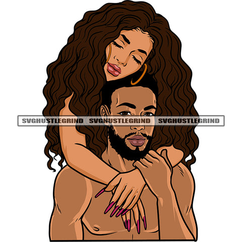 Afro Sexy Couple Romantic Pose Curly Hairstyle Wearing Hoop Earing Long Nail Design Element Body Builder Couple Love SVG JPG PNG Vector Clipart Cricut Silhouette Cut Cutting