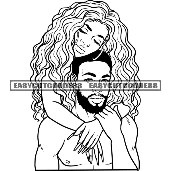 Black And White Afro Sexy Couple Romantic Pose Curly Hairstyle Wearing Hoop Earing Long Nail Design Element Body Builder Couple Love BW SVG JPG PNG Vector Clipart Cricut Silhouette Cut Cutting