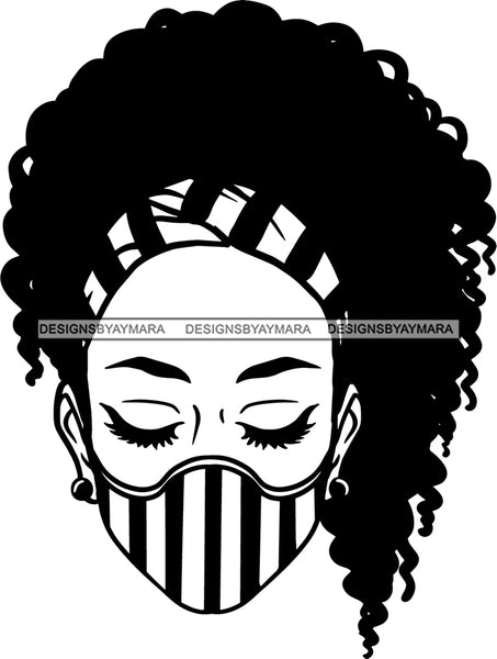 Afro Woman Messy Hair Bun Afro Puff Wearing Face Mask Headband Black Girl Magic Melanin Popping Hipster Girls SVG JPG PNG Layered Cutting Files For Silhouette Cricut and More
