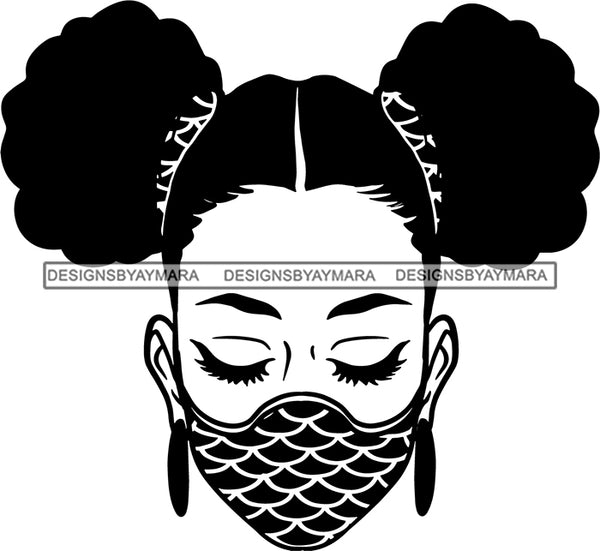 Afro Woman Messy Hair Bun Afro Puff Wearing Face Mask Headband Black Girl Magic Melanin Popping Hipster Girls SVG JPG PNG Layered Cutting Files For Silhouette Cricut and More
