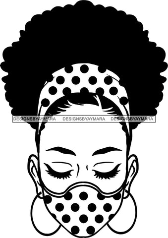 Afro Woman Messy Hair Bun Afro Puff Wearing Face Mask Headband Black Girl Magic Melanin Popping Hipster Girls SVG JPG PNG Layered Cutting Files For Silhouette Cricut and More