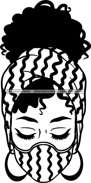 Afro Woman Messy Hair Bun Afro Puff Wearing Face Mask Headband Black Girl Magic Melanin Popping Hipster Girls SVG JPG PNG Layered Cutting Files For Silhouette Cricut and More