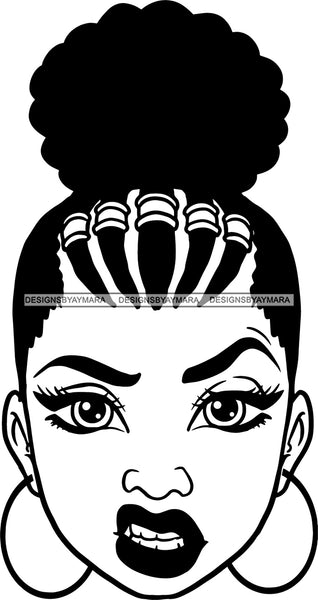Afro Woman Messy Hair Afro Puff Bun Braids Mean Face Black Girl Magic Melanin Popping Hipster Girls SVG JPG PNG Layered Cutting Files For Silhouette Cricut and More