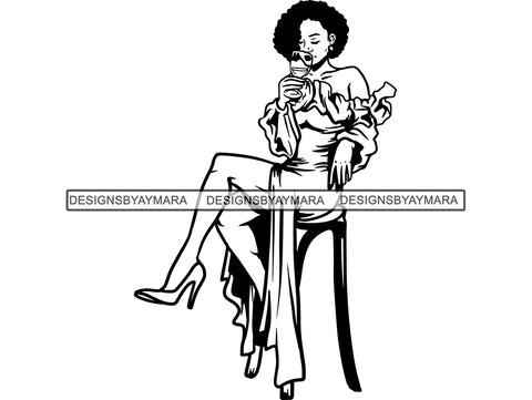 Afro Beautiful Black Woman SVG Drinking Wine African American Ethnicity Queen Diva Classy Lady  .SVG .EPS .PNG Vector Clipart Digital Cricut Circuit Cut Cutting
