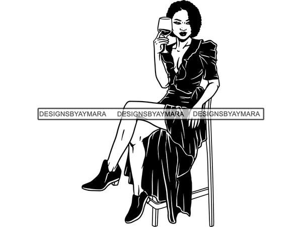 Afro Beautiful Black Woman SVG Drinking Wine African American Ethnicity Queen Diva Classy Lady  .SVG .EPS .PNG Vector Clipart Digital Cricut Circuit Cut Cutting