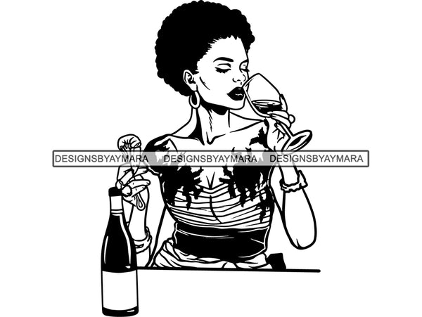 Afro Beautiful Black Woman SVG Drinking Wine African American Ethnicity Queen Diva Classy Lady  .SVG .EPS .PNG Vector Clipart Digital Cricut Circuit Cut Cutting