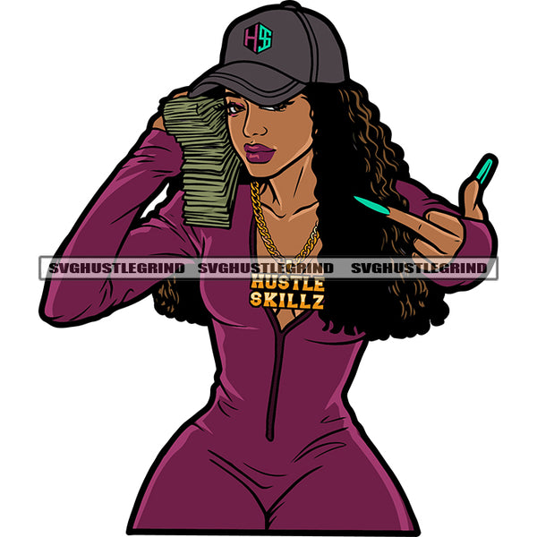 Melanin Woman Holding Money Bundle Design Element Curly Hair Woman Middle Finger Hand Sign Long Nail SVG JPG PNG Vector Clipart Cricut Cutting Files