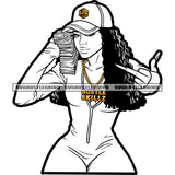 Melanin Woman Middle Finger Hand Sign Design Element Curly Hair Woman Holding Money Bundle Vector Black And White Color BW SVG JPG PNG Vector Clipart Cricut Cutting Files